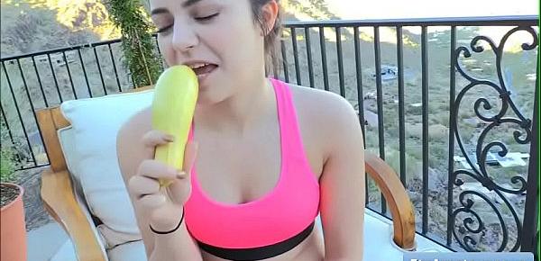  Naughty teen brunette amateur cutie Kylie fucks her juicy shaved pussy with a large ripe banana